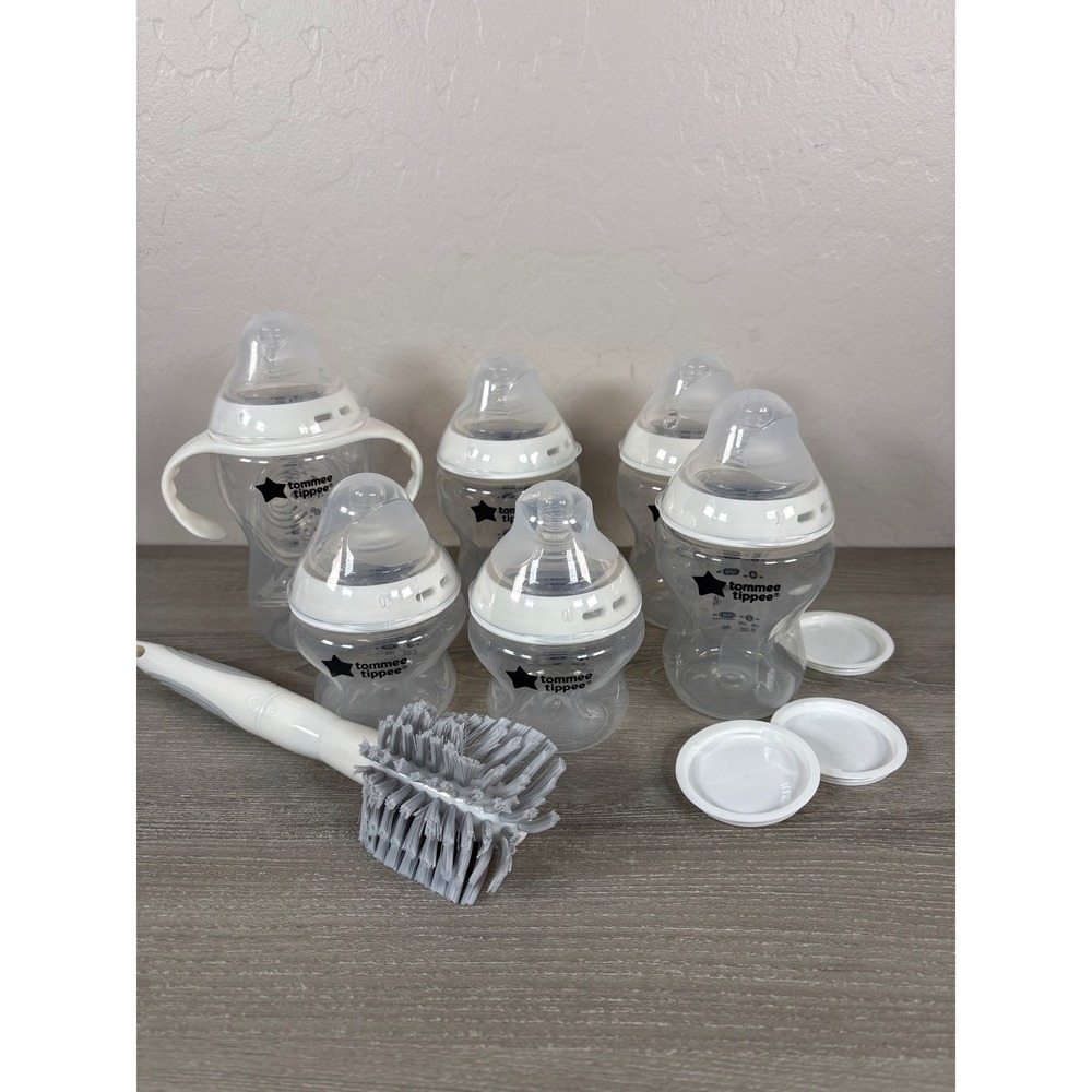 Tommee Tippee Closer to Nature Baby Bottle Set 6 Bottles Brush and Lids White